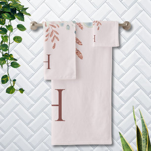 Elegante rosa Pfingstrose Blumenmonogramm Badhandtuch Set