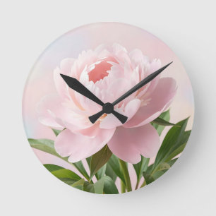Elegante rosa Pfingstrose realistische Blüten Runde Wanduhr