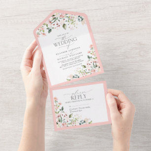 Elegante rosa Pfirsich-Aquarell-Blumenhochzeit All In One Einladung
