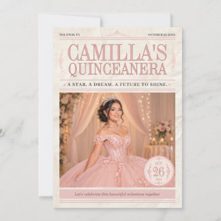 Elegante rosa Quinceanera-Fotozeitung Einladung