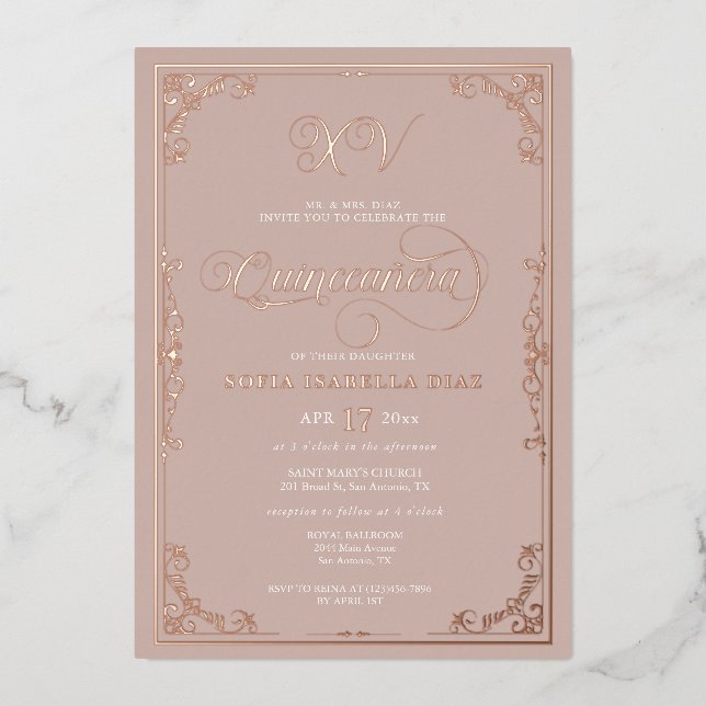 Elegante Rosa Quinceñera Rose Gold Folieneinladung (Vorderseite)