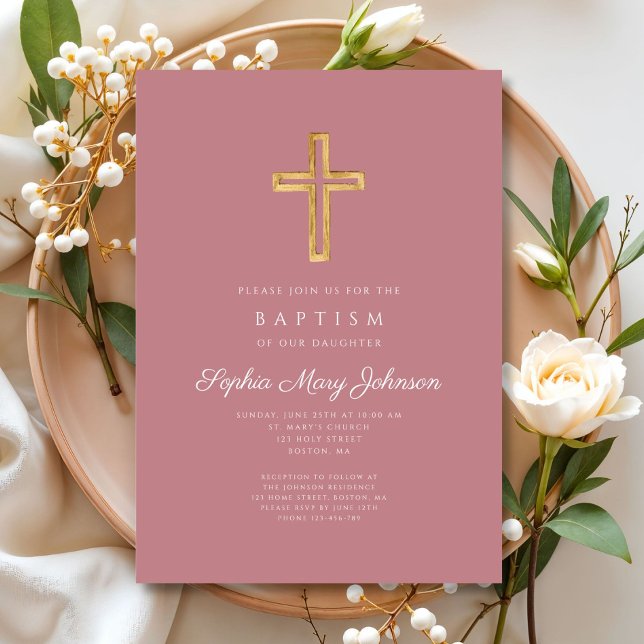 Elegante rosa religiöse Cross-Girl-Taufe Einladung (Elegant Pink Religious Cross Girl Baptism Suite)