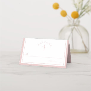 Elegante rosa religiöse Mädchen-Taufe Platzkarte