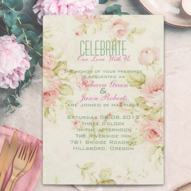 elegante rosa Rosa Bläserne Vintage Hochzeit einla Einladung (elegant Pink rose Floral vintage wedding invite)