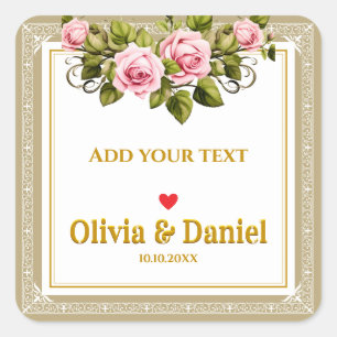 Elegante rosa rosa und goldene Schrift Hochzeit Quadratischer Aufkleber