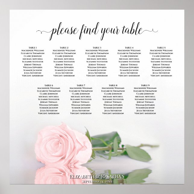 Elegante Rosa Rose 9 Tabelle Hochzeitstabelle Poster (Vorne)