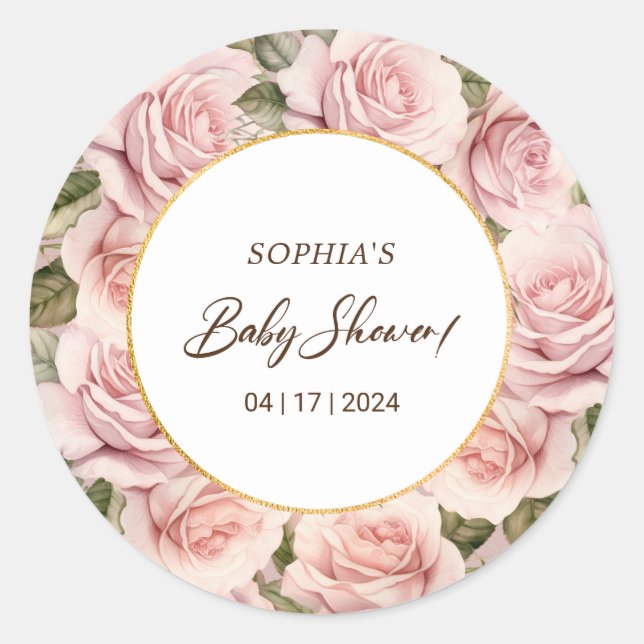 Elegante Rosa Rose Baby Dusche Runder Aufkleber (Vorderseite)