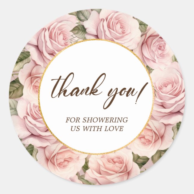 Elegante Rosa Rose Baby Dusche Runder Aufkleber (Vorderseite)
