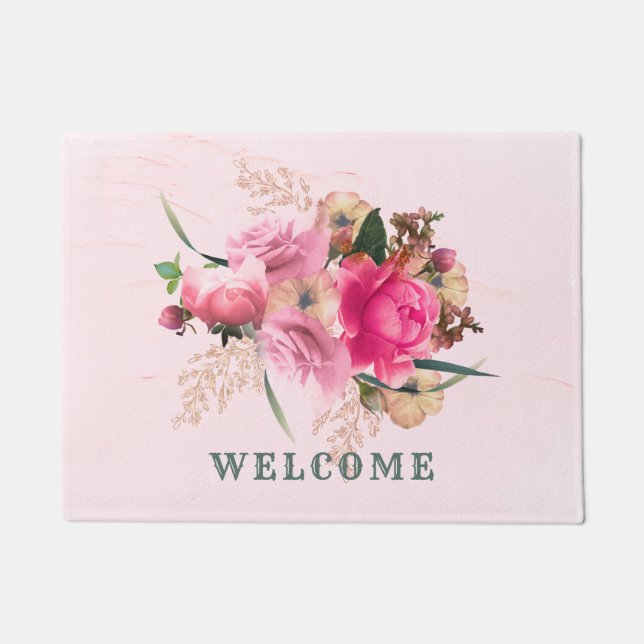 Elegante Rosa Rose Blumen Gold Bouquet Willkommen Fußmatte (Vorderseite)