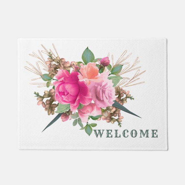 Elegante Rosa Rose Blumenstrauß Willkommen Fußmatte (Vorderseite)
