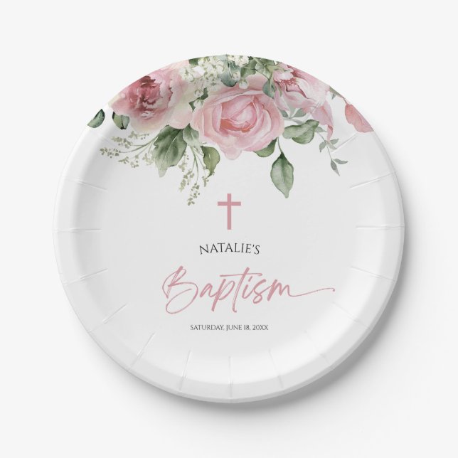 Elegante rosa Rose Blumentaufen Pappteller (Vorderseite)
