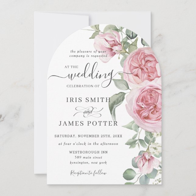 Elegante Rosa Rose Blumenzwiebeldetails QR Einladung (Vorderseite)