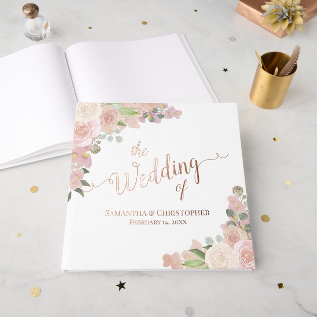 Elegante Rosa Rose & Blüten Hochzeit Gästebuch (Vorderseite Offen)
