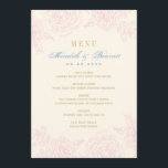 Elegante Rosa Rose Border Wedding Menükarte<br><div class="desc">Elegante Vintage inspirierte Hochzeitsmenükarten zeichnen sich durch ein rosa Blumenmuster aus,  das mit staubblauer und goldfarbener Rose und heller Elfenbeinhintergrundfarbe versehen ist.</div>