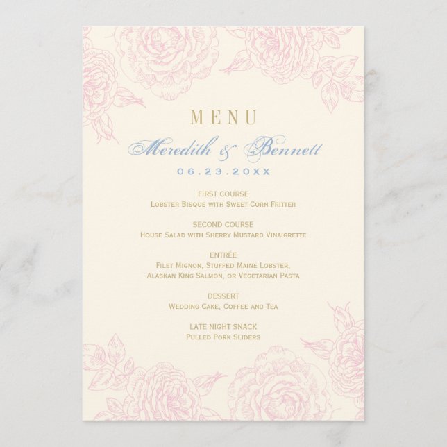 Elegante Rosa Rose Border Wedding Menükarte (Vorderseite)