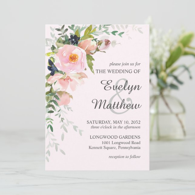 Elegante Rosa Rose Botanische Hochzeit Einladung (Stehend Vorderseite)