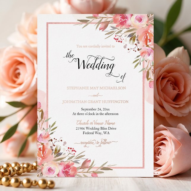 Elegante Rosa Rose Flora Hochzeit Gold Folieneinladung (Elegant Pink Floral Watercolor Wedding Rose Gold Foil Invitation)