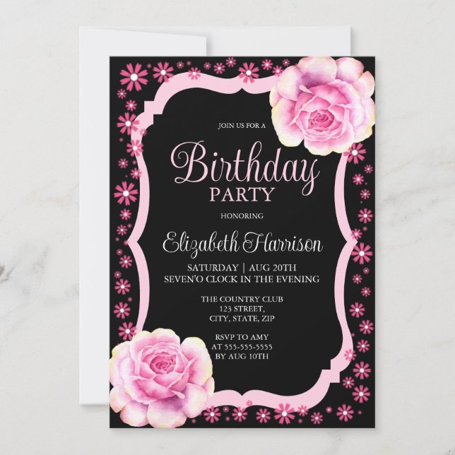 Elegante Rosa Rose Floral Black Birthday Party Einladung (Vorderseite)