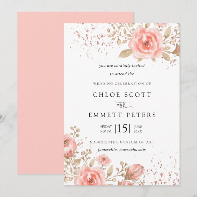 Elegante Rosa Rose Floral Gold Blätter Einladung (Vorne/Hinten)