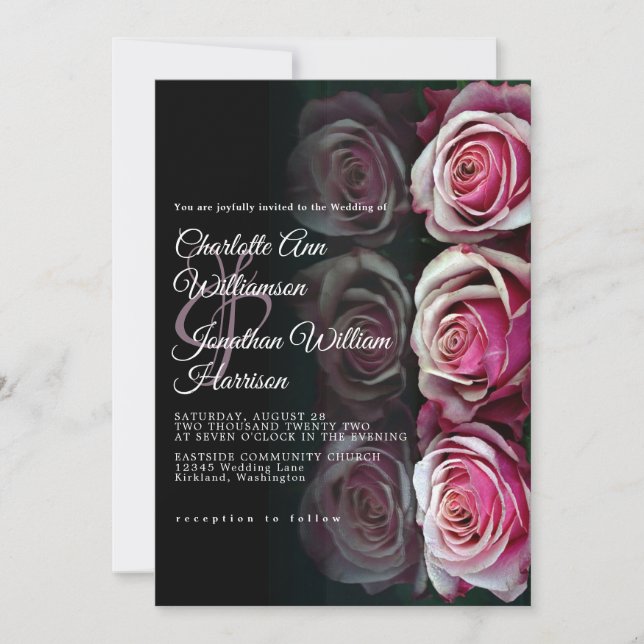 Elegante rosa Rose Floral Mirrored Black Wedding Einladung (Vorderseite)