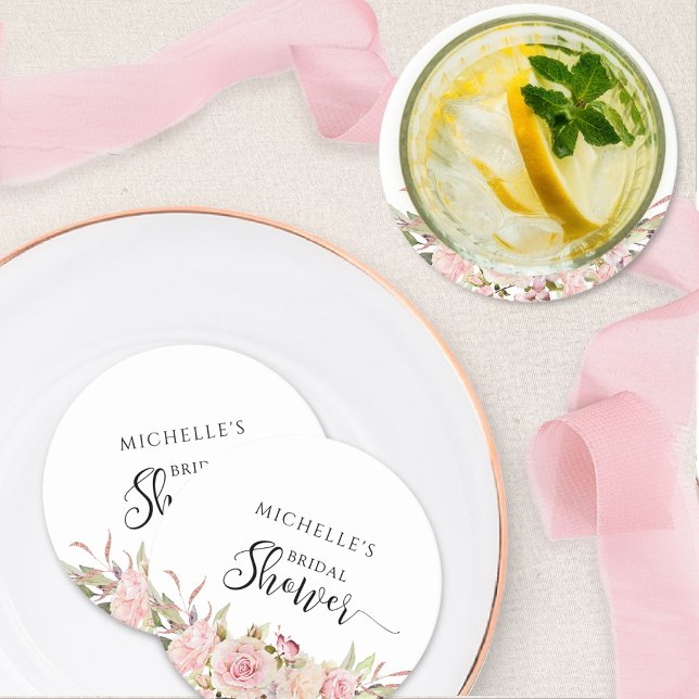 Elegante Rosa Rose Gold Bridal/Baby Dusche Runder Pappuntersetzer (Von Creator hochgeladen)