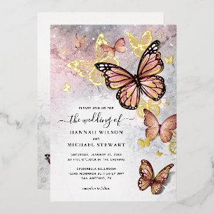 Elegante Rosa Rose Gold Butterfly Hochzeit Real Folieneinladung