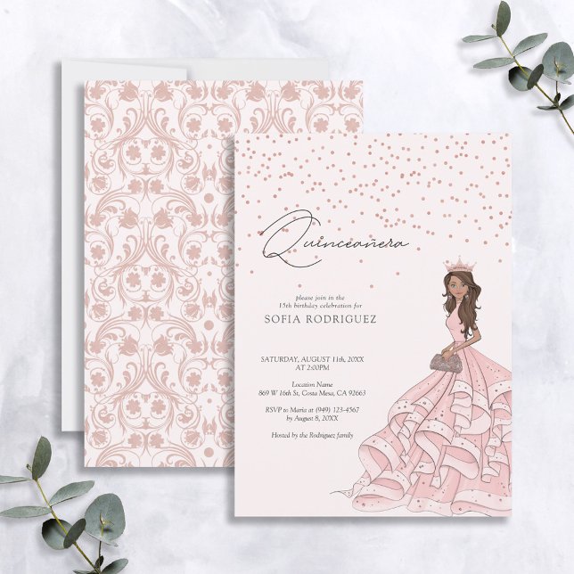 Elegante Rosa Rose Gold Floral Quinceanera Geburts Einladung (Von Creator hochgeladen)