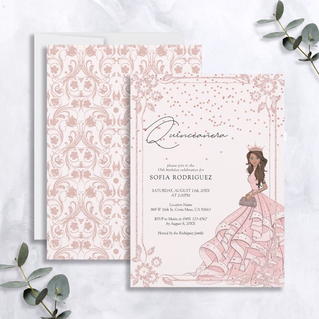 Elegante Rosa Rose Gold Floral Quinceanera Geburts Einladung (Von Creator hochgeladen)