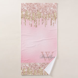 Elegante Rosa Rose Gold Glitzer Tropfen Mit Monogr Badehandtuch