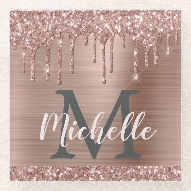 Elegante Rosa Rose Gold Glitzer Tropfen Mit Monogr Glasuntersetzer (Vorderseite)