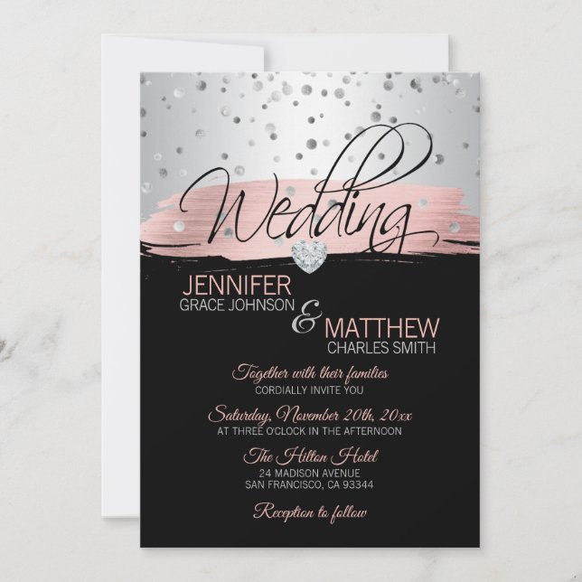 Elegante Rosa Rose Gold Silberschwarz Hochzeit Einladung (Vorderseite)