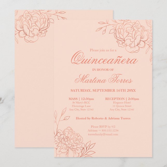 Elegante Rosa Rose Goldene Sketch Blumenstrauß Einladung (Vorne/Hinten)