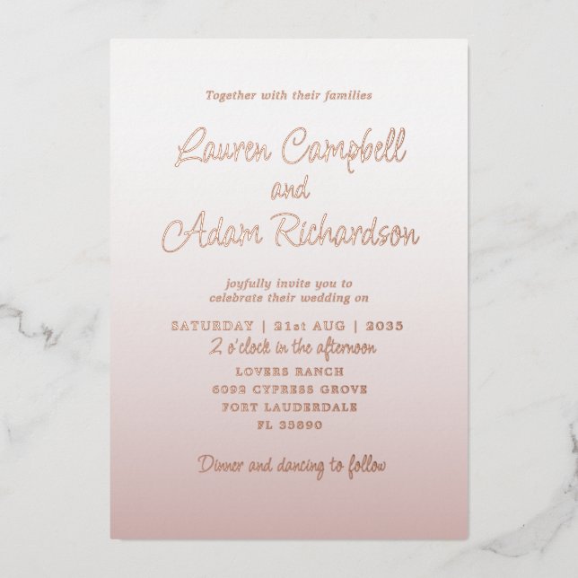 Elegante Rosa & Rose Goldkalligraphie Hochzeit Folieneinladung (Vorderseite)