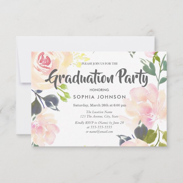 Elegante rosa Rose Graduation Party - Einladung (Vorderseite)