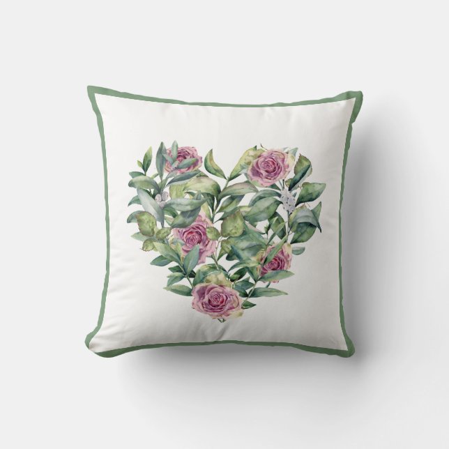 Elegante Rosa Rose Grünes Kraut Kissen (Vorderseite)