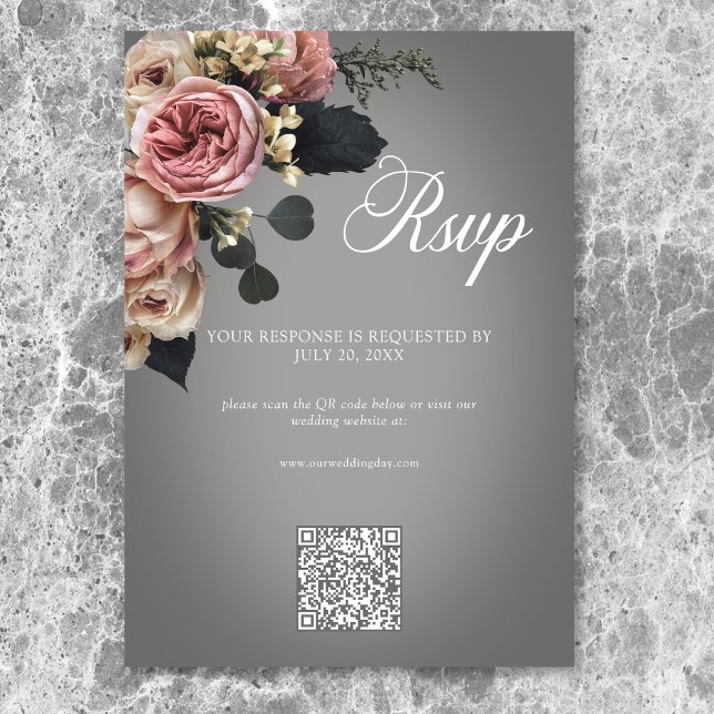 Elegante, rosa Rose mit weißer Blüte Gray Wedding  RSVP Karte (Elegant Pink White Floral Roses Gray Wedding QR RSVP Card)