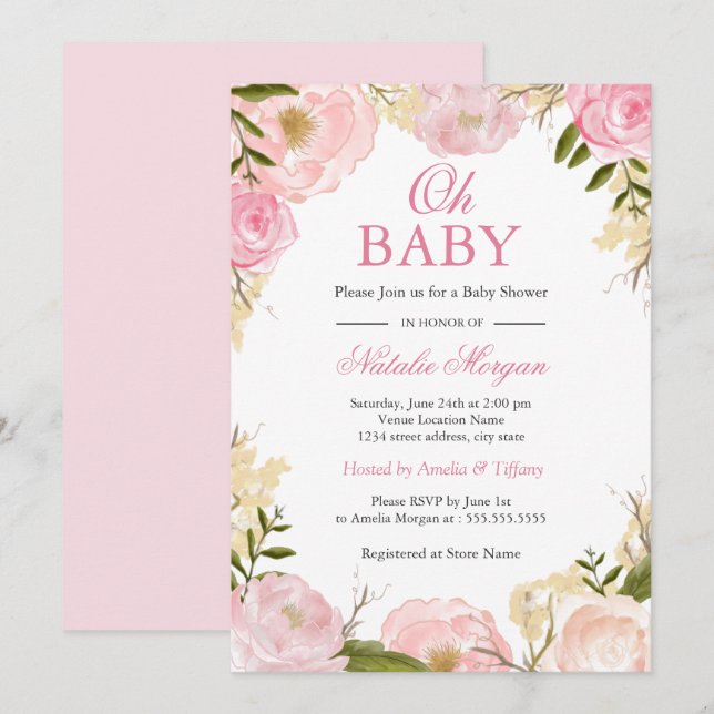 Elegante Rosa Rose Oh Baby Duschkarte Einladung (Vorne/Hinten)