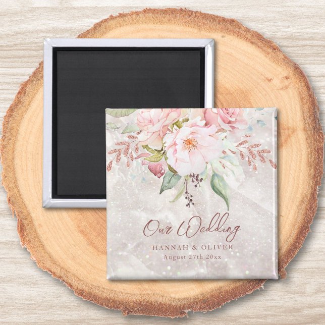 Elegante Rosa Rose Peony Blumenmarmor Hochzeit Magnet (In situ)