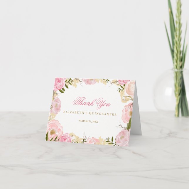 Elegante Rosa Rose Quinceanera Danke Karte (Vorderseite)