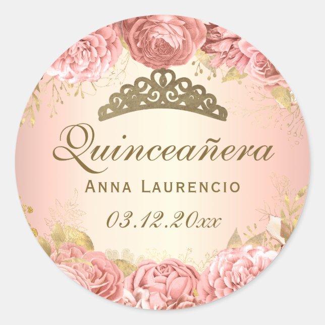 Elegante Rosa Rose Quinceanera Runder Aufkleber (Vorderseite)