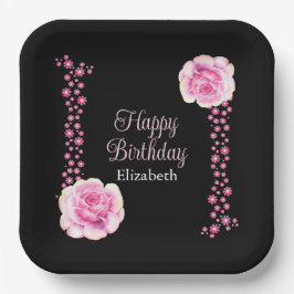Elegante Rosa Rose Schwarze Adresse Pappteller