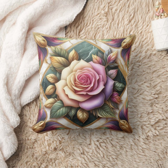 Elegante Rosa Rose umgeben von farbenfrohen Blätte Kissen (Decke)