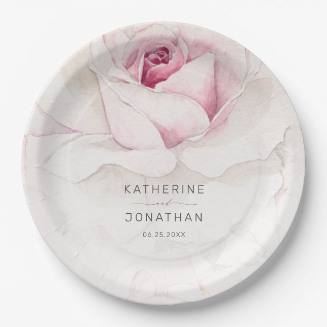 Elegante rosa Rose Wasserfarbe Blumenschrift Hochz Pappteller (Vorderseite)