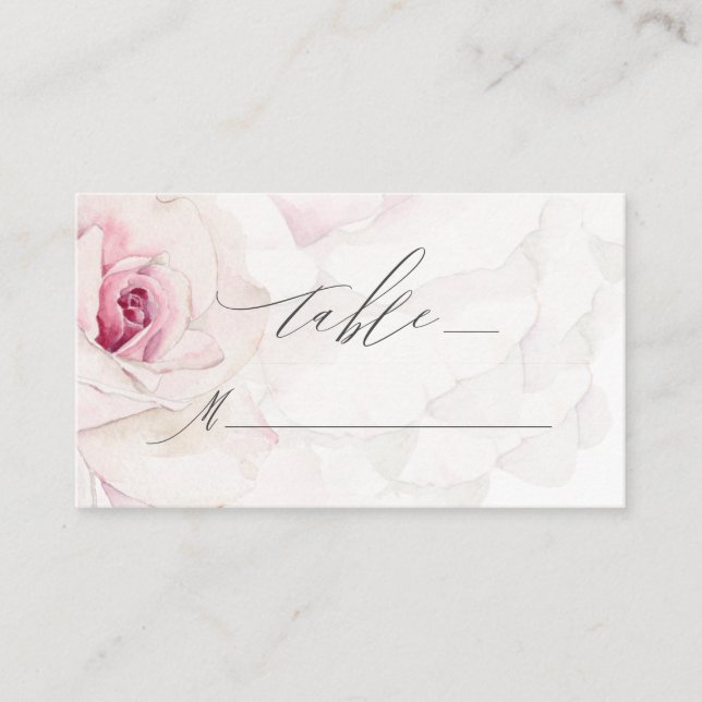 Elegante rosa Rose Wasserfarbe Blumenschrift Hochz Platzkarte (Vorderseite)
