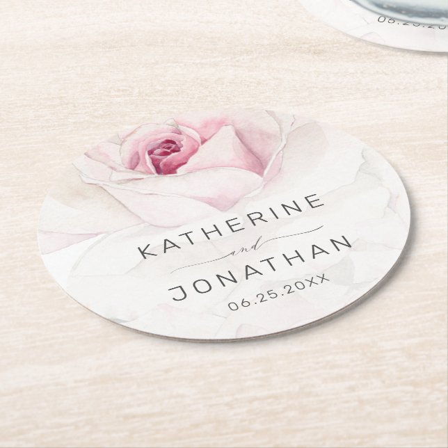 Elegante rosa Rose Wasserfarbe Blumenschrift Hochz Runder Pappuntersetzer (Angewinkelt)