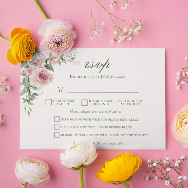 Elegante Rosa Rose Wedding RSVP Card | Menüwahl (Elegant rustic botanical RSVP cards with pink roses for floral and garden themed weddings)