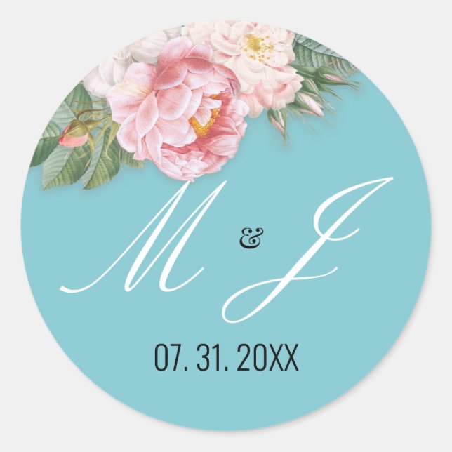Elegante Rosa Rosen Blaue romantische Hochzeit Runder Aufkleber (Vorderseite)