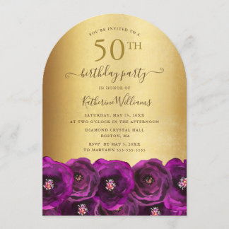Elegante rosa Rosen-Blumen-Goldene 50. Geburtstags Einladung