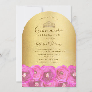 Elegante rosa Rosen Blumen Goldene Krone Quinceañe Einladung