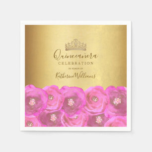 Elegante rosa Rosen Blumen Goldene Krone Quinceañe Serviette